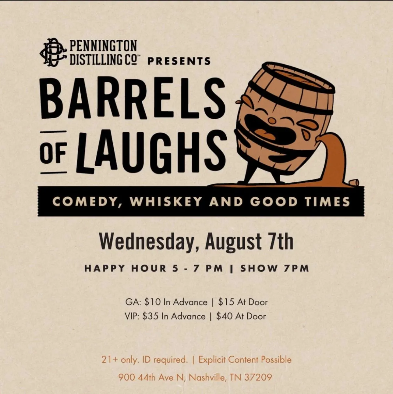 Flyer for Barrels of Laughs at Pennington Distillery