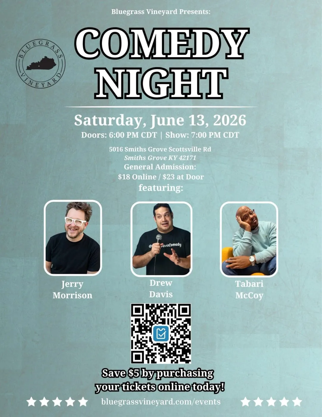 Flyer for Comedy Night @ Bluegrass Vineyard