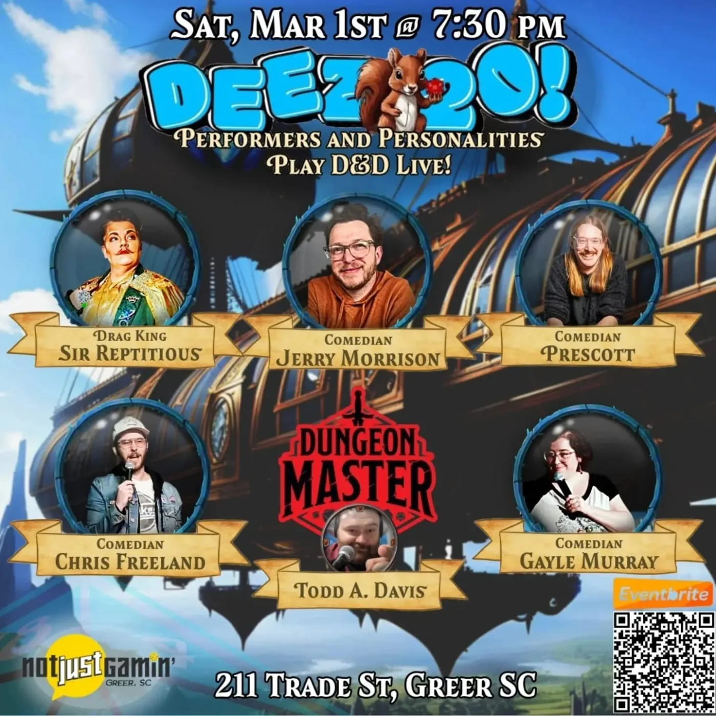 Flyer for "DEEZ 20!" Comics & Queens playing D&D LIVE!