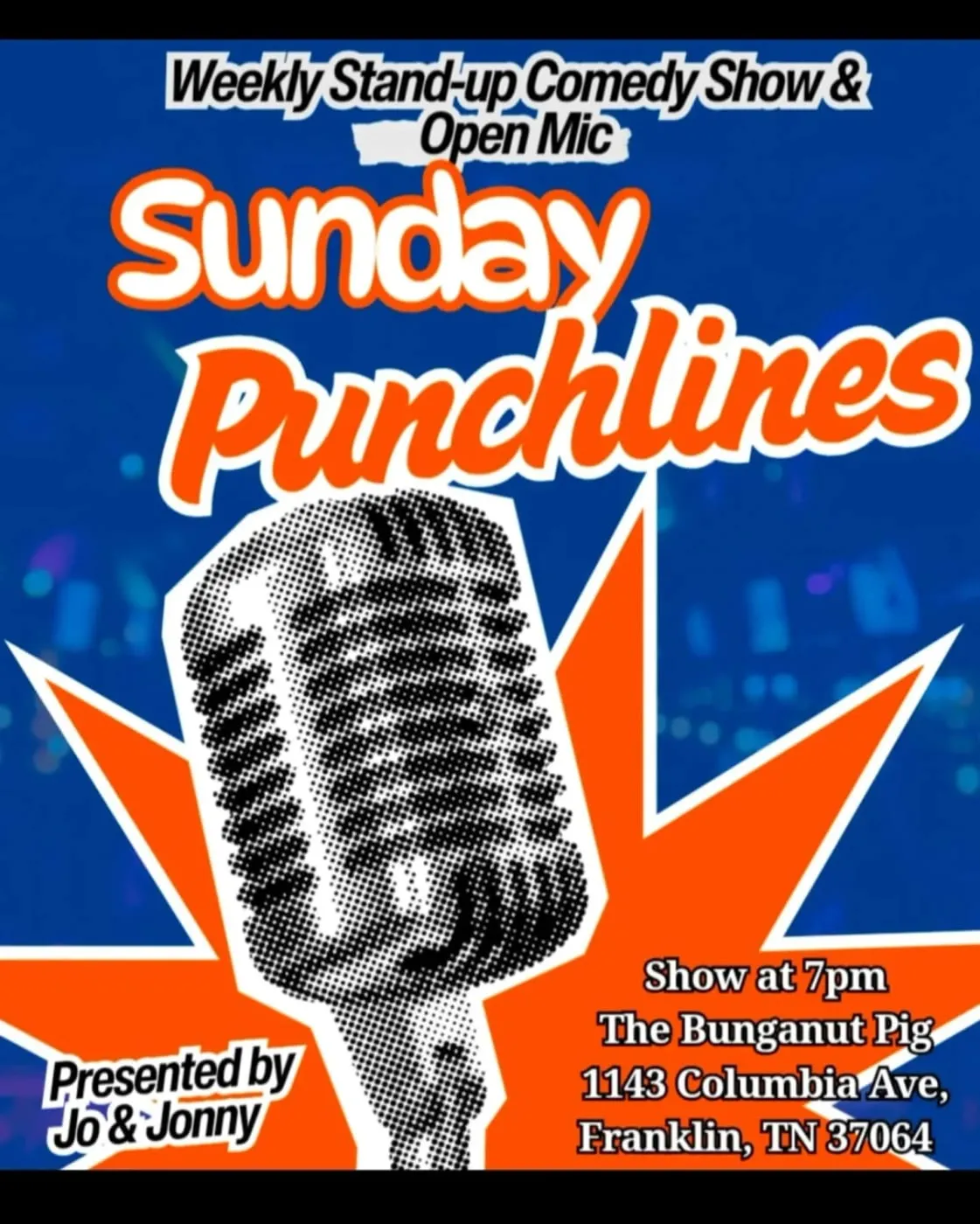 Flyer for Sunday Punchlines at the Bunganut Pig
